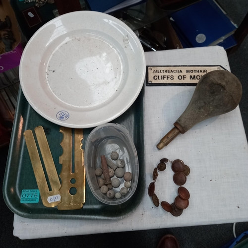 775 - An RAF Dinner Plate, 2 Brass Button Polishers, Buttons, Car Horn and Cliffs of Moher plaque