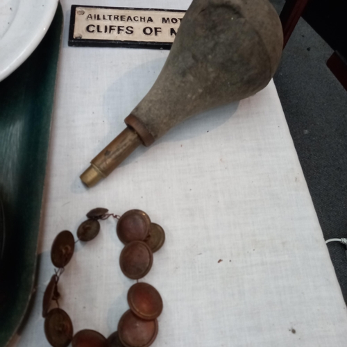 775 - An RAF Dinner Plate, 2 Brass Button Polishers, Buttons, Car Horn and Cliffs of Moher plaque