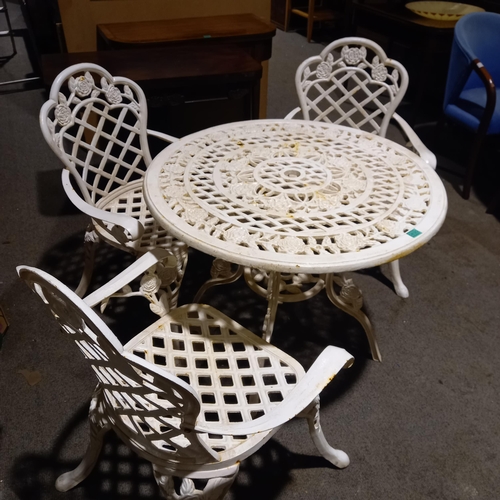 830 - Good Heavy Cast Iron Rose Pattern Patio Set with Table and 3 Armchairs