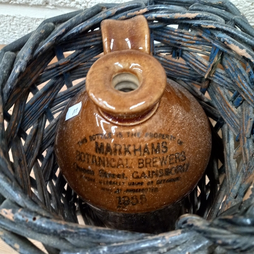 118 - Two Stoneware Whiskey Crocks and a Glass Syphon in Wicker Case