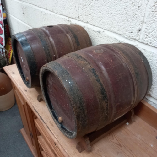 22 - Good Pair of Sherry Casks with Iron Bands - each on a Stand (40cm x 30cm Diameter)