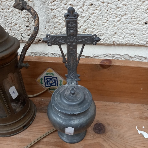 23 - Brass Sanctuary Lamp and a Pewter Holy Water Font (22cm Tall)