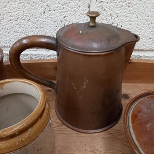 78 - Large Copper Jug and 3 Stoneware Pots (Tallest 32cm)