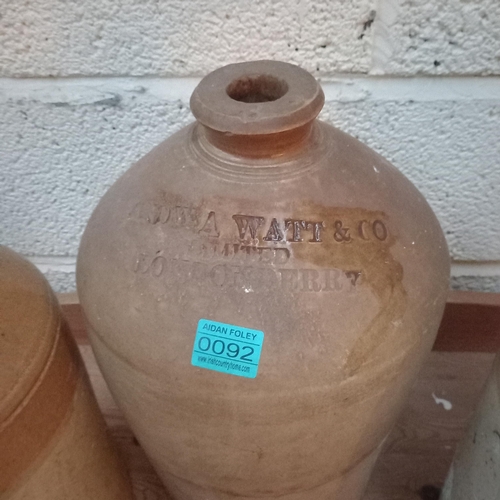 92 - Three large Stoneware Whiskey Crocks including Watt & Co. Londonderry (46cm Tall)