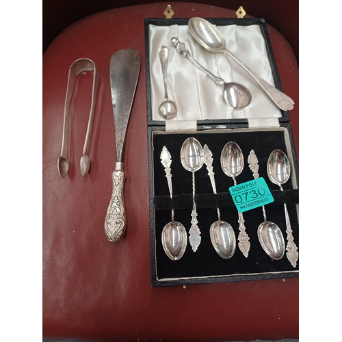 730 - Set of 6 Silver Tea Spoons in case together with other Silver items