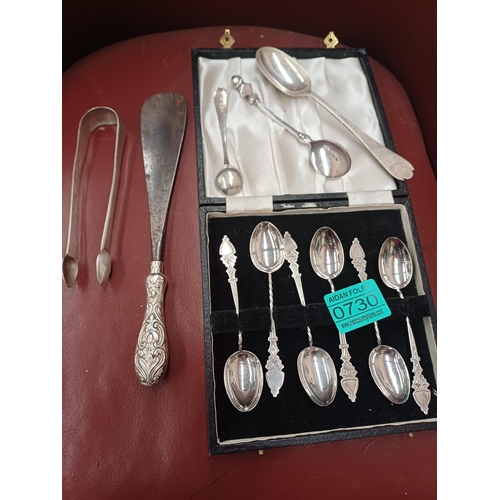 730 - Set of 6 Silver Tea Spoons in case together with other Silver items