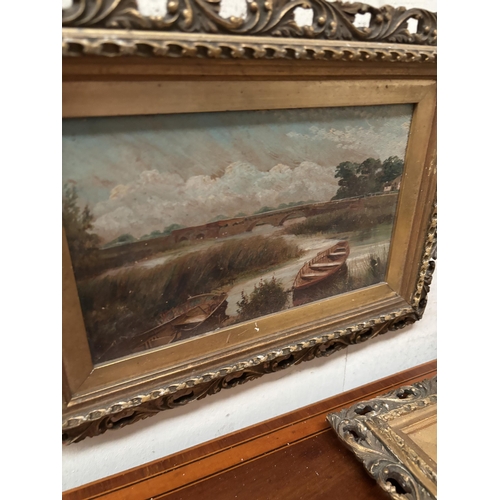 877 - Set of 3 Victorian Oil on Board Paintings - damage to frames