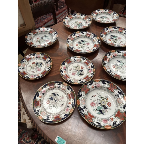 898 - Collection of Victorian Ironstone Dinner Ware including 3 graduated Platters, 7 Soup Bowls and 3 pla... 