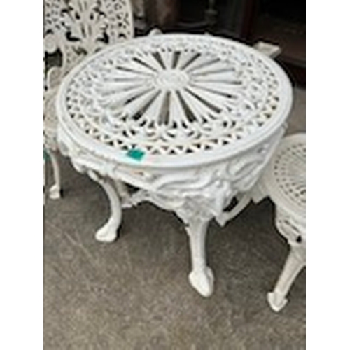 968 - Victorian Style Heavy Circular Patio Table and 2 Heavy Cast Iron Chairs