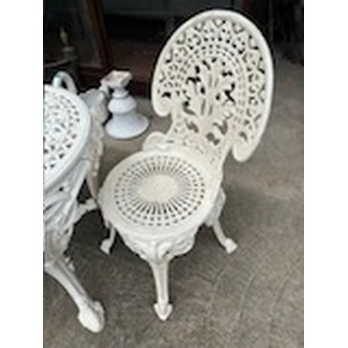 968 - Victorian Style Heavy Circular Patio Table and 2 Heavy Cast Iron Chairs