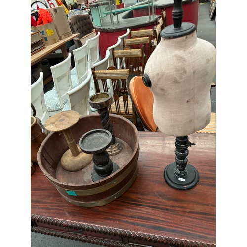 999 - Brass Bound Mahogany Tub, 3 Candle Stands and a Table Top Mannequin