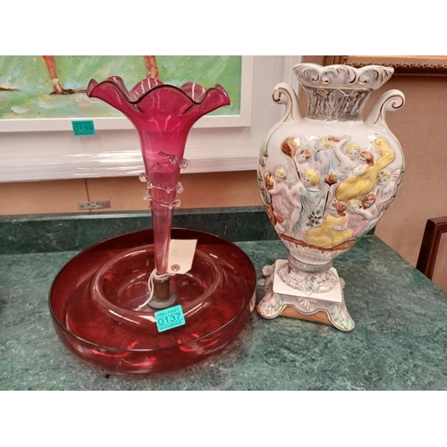 137 - Red Glass Table Centrepiece and a Pottery Vase