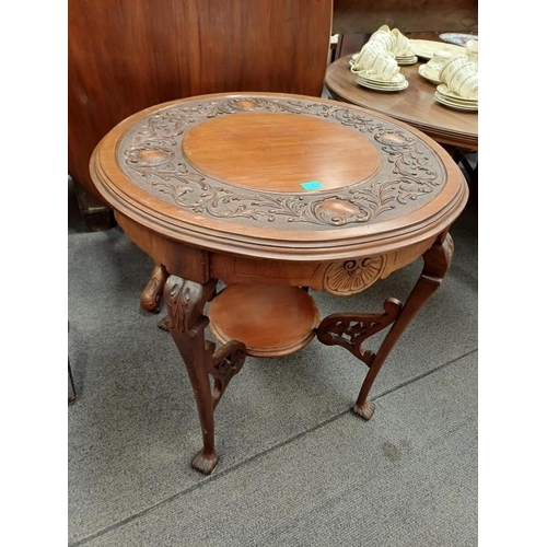 163 - Edwardian Mahogany Lamp Table with Carved Decoration on 4 Claw Legs