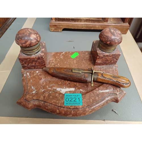 221 - Edwardian Rouge Marble Inkwell Desk Tidy and a Hardwood Stationery Stand