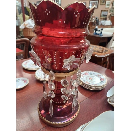 253 - Good Pair of Victorian Red Glass Lustres (38cm Tall)