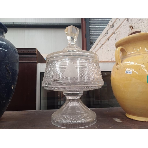 32 - Large Lidded Glass Bowl and Two Vases (Tallest 40cm)