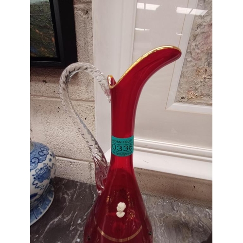 338 - Tall Red Glass Claret Jug with Gilt Decoration (41cm Tall)