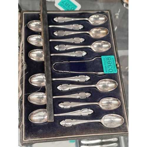 388 - Cased Set of 12 Sheffield Silver Tea Spoons and Sugar Tongs - box poor condition