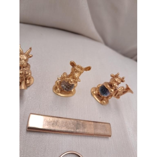 407 - 9 Carat Gold Toothpick Holder, 9ct Gold Ring and 3 Yellow Metal Figures