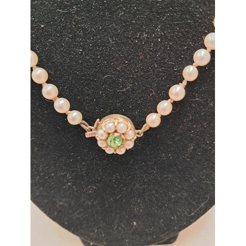 408 - Pearl Necklace with Emerald Clasp Stamped 9 Carat