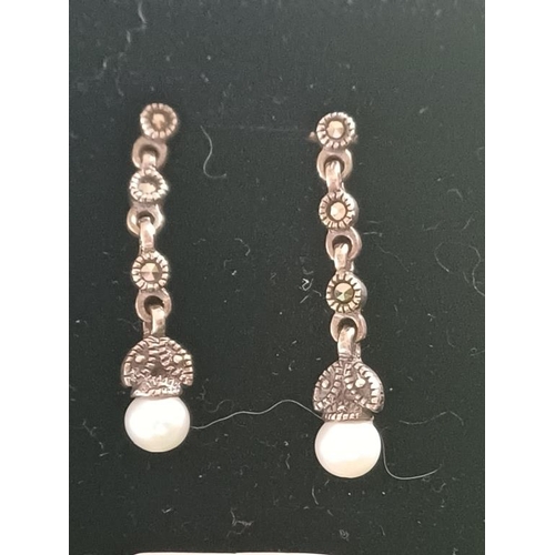 424 - Silver Marcasite and Pearl Drop Earrings