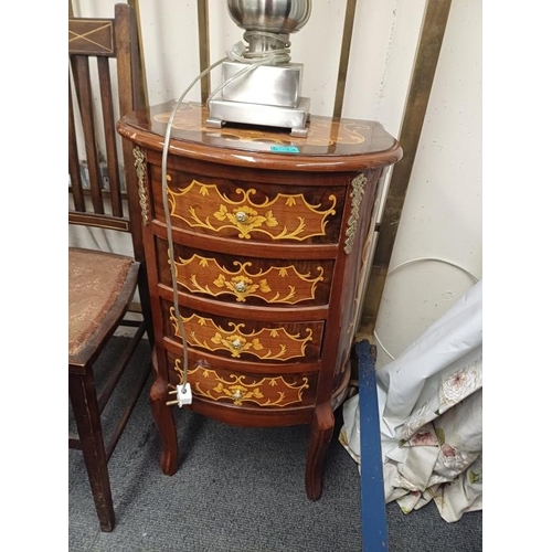 44 - Pair of 4 Drawer Marquetry Decorated French Style Bedside or Lamp Tables