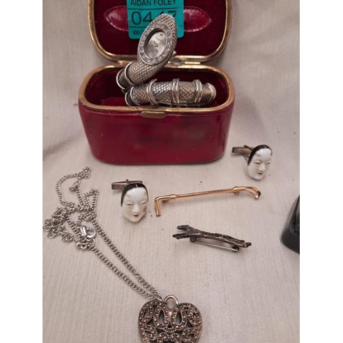 447 - Stock Pin, Horse Brooch, Pair Cuff Links, Heart Brooch, Snake Watch and 2 Jewellery Boxes