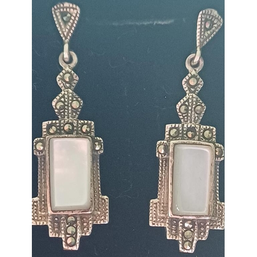 559 - Silver Mother of Pearl & Marcasite Drop Earrings