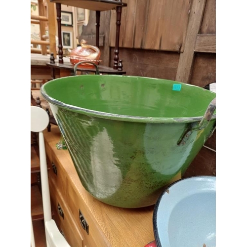 575 - Large Green Enamel Pot and a smaller Blue example