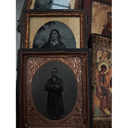 634 - Three Victorian Framed Photos in Cases and Four Icon Prints