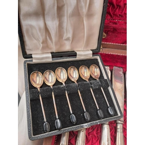 680 - Cased Set of 6 Sheffield Bean Top Spoons together with 2 lots of other Cutlery