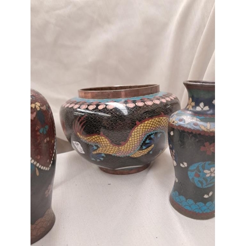 681 - Cloisonne Bowl and 2 Cloisonne Bud Vases (Tallest 15cm)