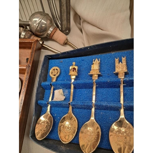 683 - Mixed lot including collectible Spoons, Cased Goblet, Kitchen items, Pourers etc