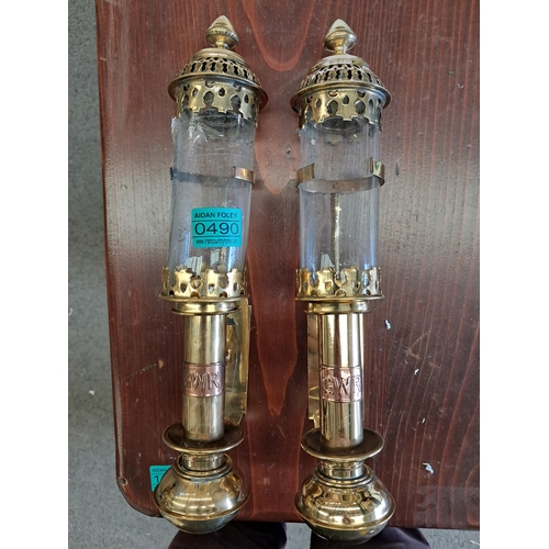 490 - Pair of GWR Railway Carriage Lights - glass cracked on one (36cm Tall)