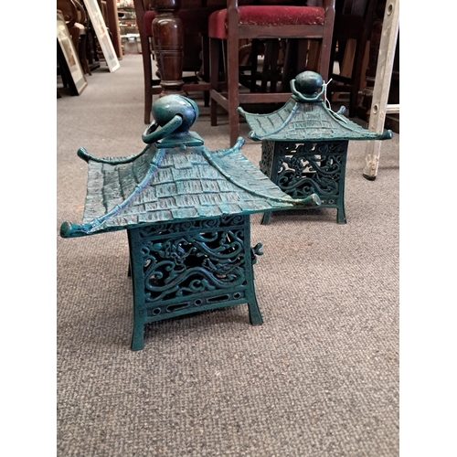 495 - Pair of Cast Iron Chinese Candle Lanterns (32cm T)