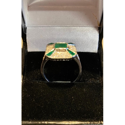 415 - 18 Carat White Gold Art Deco Emerald and Diamond Cluster Ring.  Size M.