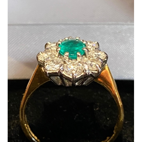 554 - 18 carat Yellow Gold Colombian Emerald & Diamond Cluster Ring - approx 1 carat Emerald and 1.20 cara... 