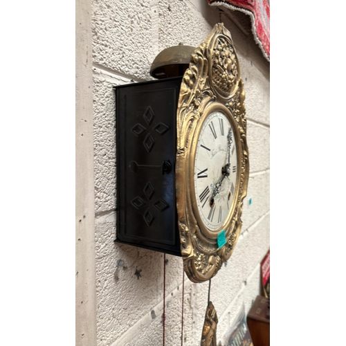 485 - French Brass and Iron Comptoise Wall Clock with weights and pendulum