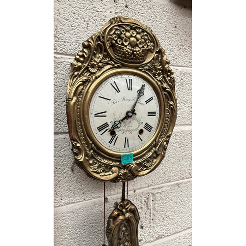 485 - French Brass and Iron Comptoise Wall Clock with weights and pendulum