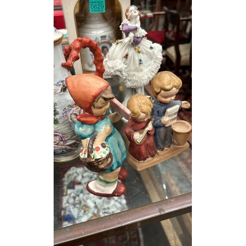 487 - Two Hummel style Figures, Figure of a dancer together wtih a Teapot and matching Jug