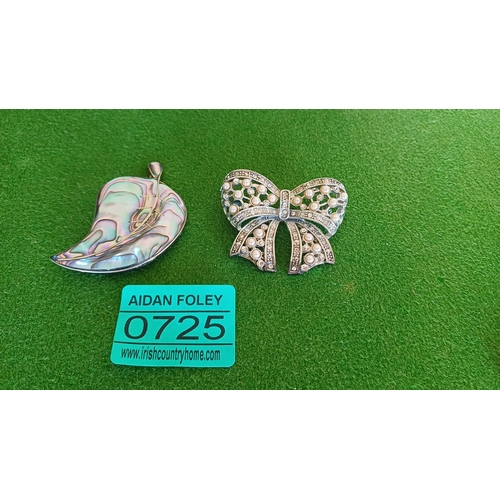 725 - Mexican Silver Leaf Brooch and a pretty Diamonte Bow Brooch