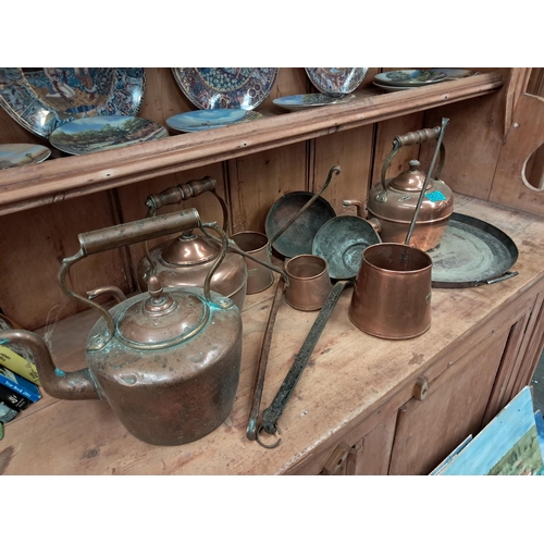 13 - Three old Copper Kettles, Set of 3 Ladels and others