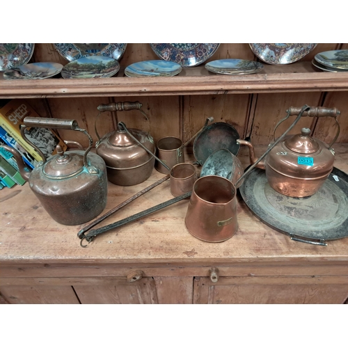 13 - Three old Copper Kettles, Set of 3 Ladels and others