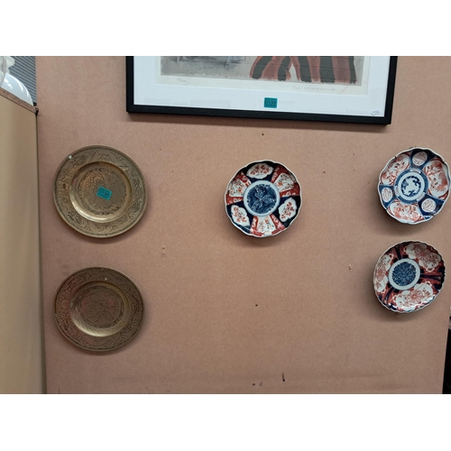 136 - Pair of Brass Alms Dishes and Three Imari Cabinet Plates