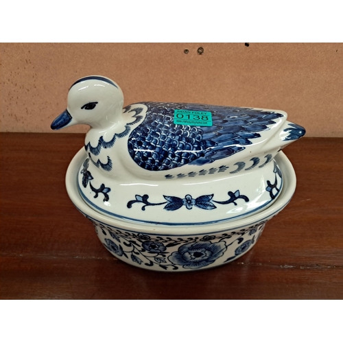 138 - Blue and White Pottery Duck Toureen