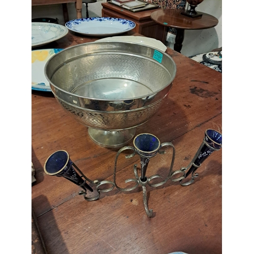 197 - Large Punch Bowl and an Art Nouveau Silver Plate and Blue Glass Vase