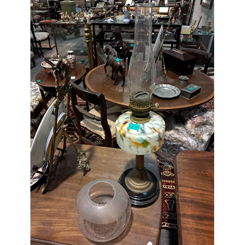 229 - Edwardian Brass Column Oil Lamp with Mottled Glass Shade