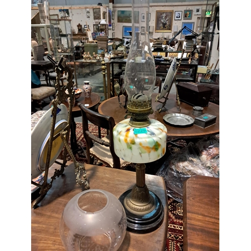 229 - Edwardian Brass Column Oil Lamp with Mottled Glass Shade