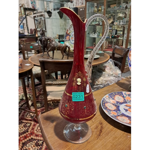 231 - Tall Red Glass Claret Jug with Gilt Decoration (41cm Tall)