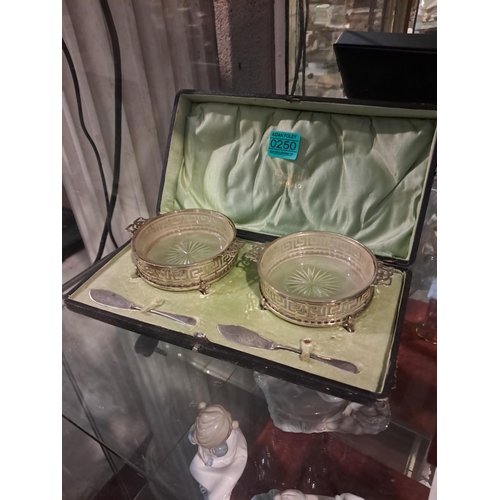 250 - Cased Pair of Silver and Glass Jam Dishes